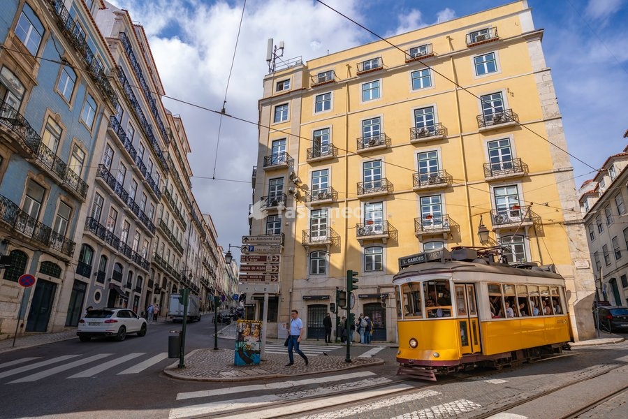 View of vintage tram in Alfama, Alfama District, Lisbon, Portugal, Europe