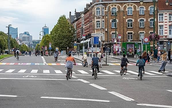 Car free sunday with people on mainly empty roads in Koekelberg, Brussels, Belgium, SEP 22, 2024, Europe