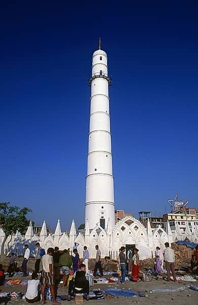 The thin white Bhimsen Tower, also called Dharahara or Bhimsen Stambha (<i>stambha</i> meaning 'pillar') collpased during the 2015 earhquake that shook Nepal. The 60 metre high tower was built in 1824 by Prime Minister Bhimsen Thapa as a watchtower, the construction was based more on a whim than…