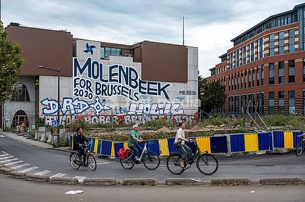 Road works during the car free sunday around Avenue Leopold II and Sainctelette SquareMolenbeek, Brussels, Belgium, SEP 22, 2024, Europe