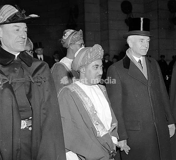 Sultan Said bin Taimur Bin Faisal arriving in Washington DC, USA, 1938, to repay a visit made by Edmund Roberts (1832), who was appointed by President Andrew Jackson to negotiate treaties with small nations of the Orient, with Secretary of State Cordell Hull.<br/><br/> Said bin Taimur (13 August…