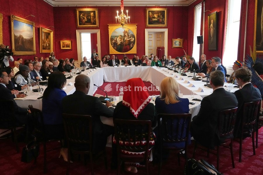Britain's Prince William, the Prince of Wales, as Founder of The Royal Foundation's United for Wildlife programme, centre right, attends a high-level roundtable entitled 'Nature's Guardians at St James's Palace in London, Thursday, June 26, 2025