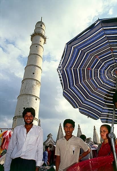 The thin white Bhimsen Tower, also called Dharahara or Bhimsen Stambha (<i>stambha</i> meaning 'pillar') collpased during the 2015 earhquake that shook Nepal. The 60 metre high tower was built in 1824 by Prime Minister Bhimsen Thapa as a watchtower, the construction was based more on a whim than…