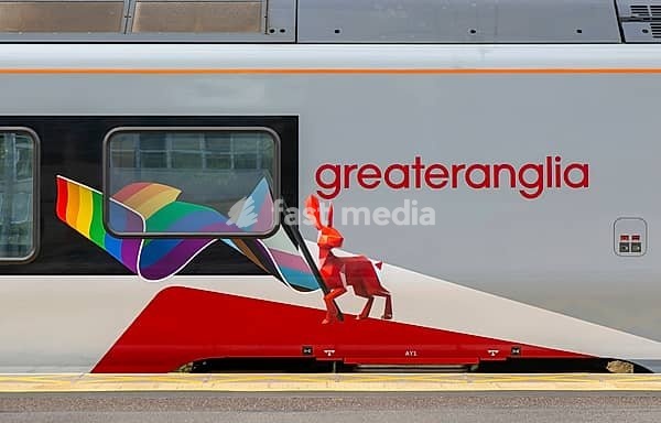 Greater Anglia hare livery design on passenger train, Ipswich railway station, Suffolk, England, UK