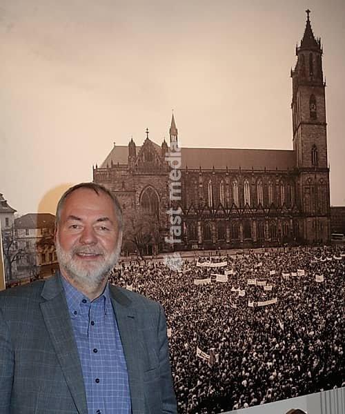 German politician Markus Meckel at the opening of the exhibition 'SED?wenn du nicht gehst, dann gehen wir' on 18 November 2014 at the Moritzplatz Memorial in Magdeburg, German politician Markus Meckel at the opening of the exhibition