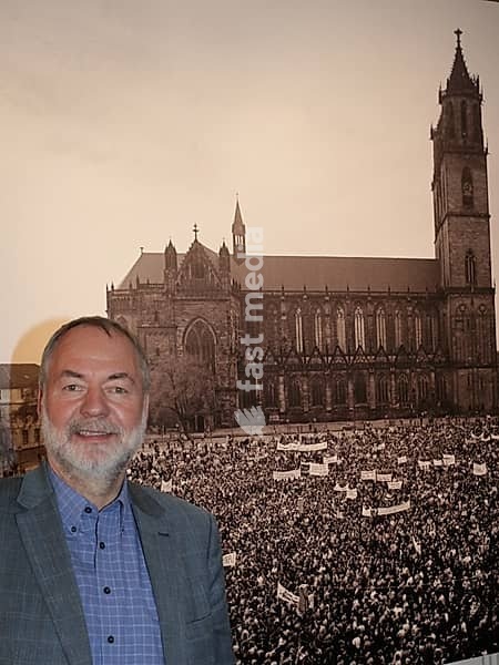 German politician Markus Meckel at the opening of the exhibition 'SED?wenn du nicht gehst, dann gehen wir' on 18 November 2014 at the Moritzplatz Memorial in Magdeburg, German politician Markus Meckel at the opening of the exhibition