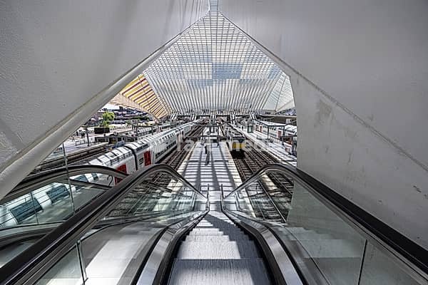 View of an escalator down to train tracks under a modern glass roof, railway station, Liège, Wallonia region, Belgium, Europe