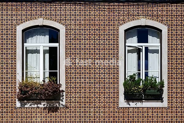 A close-up architectural shot of a building facade featuring traditional Portuguese Azulejo tiles with a geometric pattern, framing two arched windows with white frames and flower boxes in Lisbon