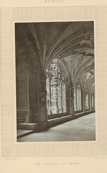 Woodbury Permanent Photographic Printing Company, Mosteiro dos Jerónimos, unknown, The cloisters of Belem, Cloister of the Hieronymite Monastery in Lisbon, recto - printed, photomechanical print, page, photos, photographically illustrated books, Europe, Stuart photo., height 158 mm, width 106 mm,…