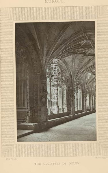 Woodbury Permanent Photographic Printing Company, Mosteiro dos Jerónimos, unknown, The cloisters of Belem, Cloister of the Hieronymite Monastery in Lisbon, recto - printed, photomechanical print, page, photos, photographically illustrated books, Europe, Stuart photo., height 158 mm, width 106 mm,…