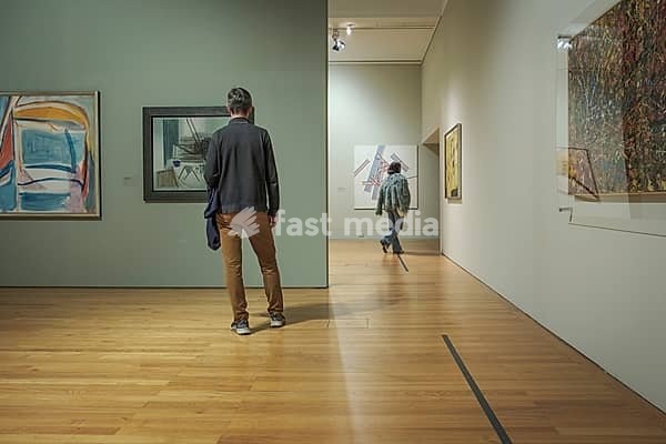 Jan 13, 2024 - Lisbon, Portugal: two visitors explore abstract artworks displayed on walls of Centro Cultural de Belem known as Berardo Museum, Lisbon, Portugal. One person contemplating contemporary artwork, other walking further into gallery