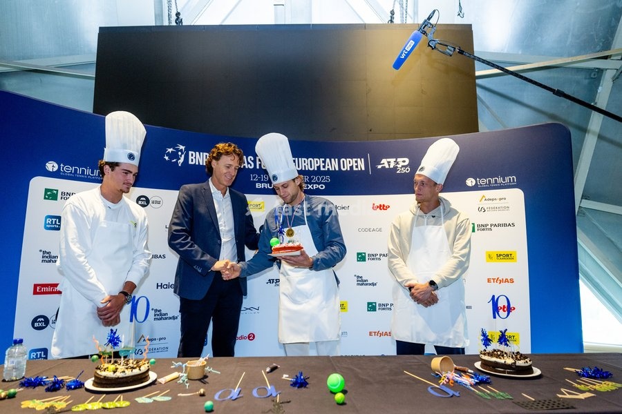 Brazilian Joao Fonseca, European Open tournament director Dick Norman, Belgian Zizou Bergs and Czech Jiri Lehecka poses for the photographer during the media day at the European Open ATP tennis tournament in Brussels, on Monday 13 October 2025. This year's edition of the tournament is taking place…