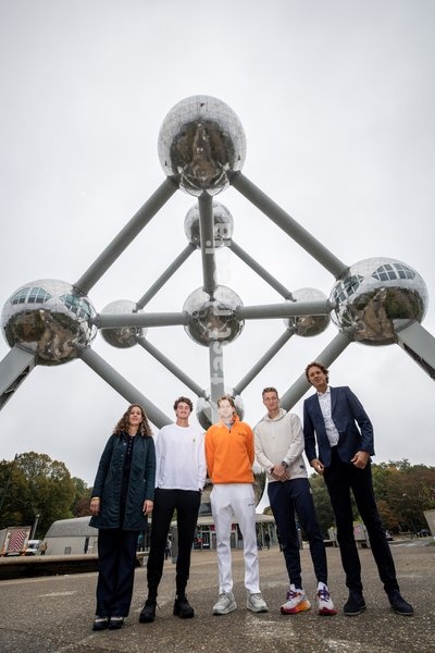 Brazilian Joao Fonseca, Belgian Zizou Bergs, Czech Jiri Lehecka and European Open tournament director Dick Norman pictured during media day in front of the Atomium during the European Open ATP tennis tournament in Brussels, on Monday 13 October 2025. This year's edition of the tournament is taking…