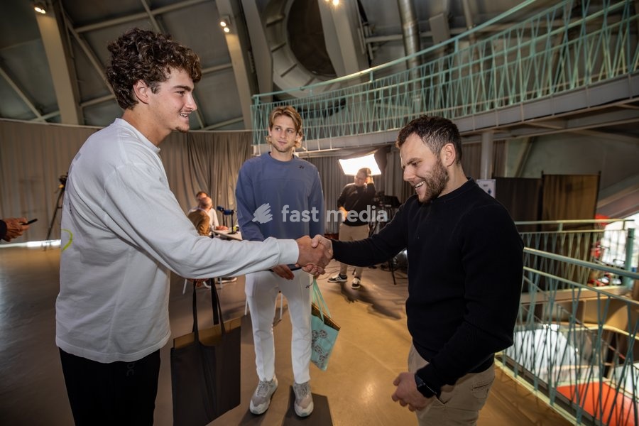 Brazilian Joao Fonseca and Belgian Zizou Bergs pictured during media day during the European Open ATP tennis tournament in Brussels, on Monday 13 October 2025. This year's edition of the tournament is taking place from 12 to 19 October 2025