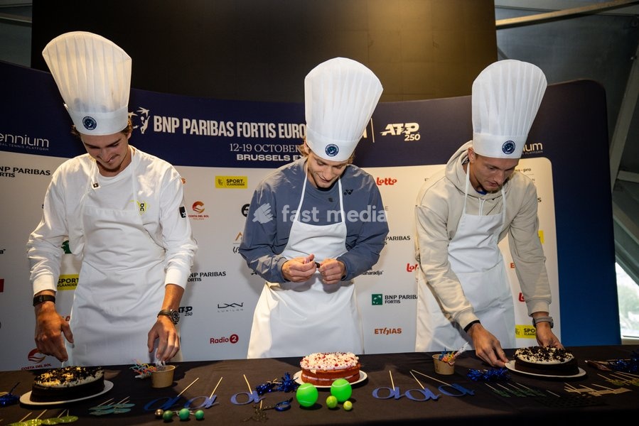 Brazilian Joao Fonseca, Belgian Zizou Bergs and Czech Jiri Lehecka pictured during media day during the European Open ATP tennis tournament in Brussels, on Monday 13 October 2025. This year's edition of the tournament is taking place from 12 to 19 October 2025