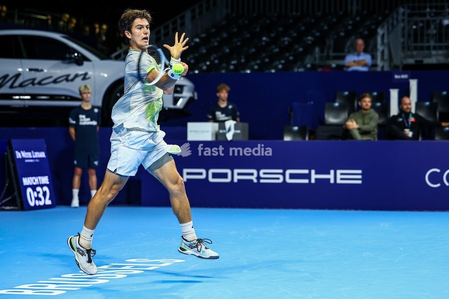 Belgian Gilles-Arnaud Bailly pictured in action during the European Open ATP tennis tournament in Brussels, on Monday 13 October 2025. This year's edition of the tournament is taking place from 12 to 19 October 2025