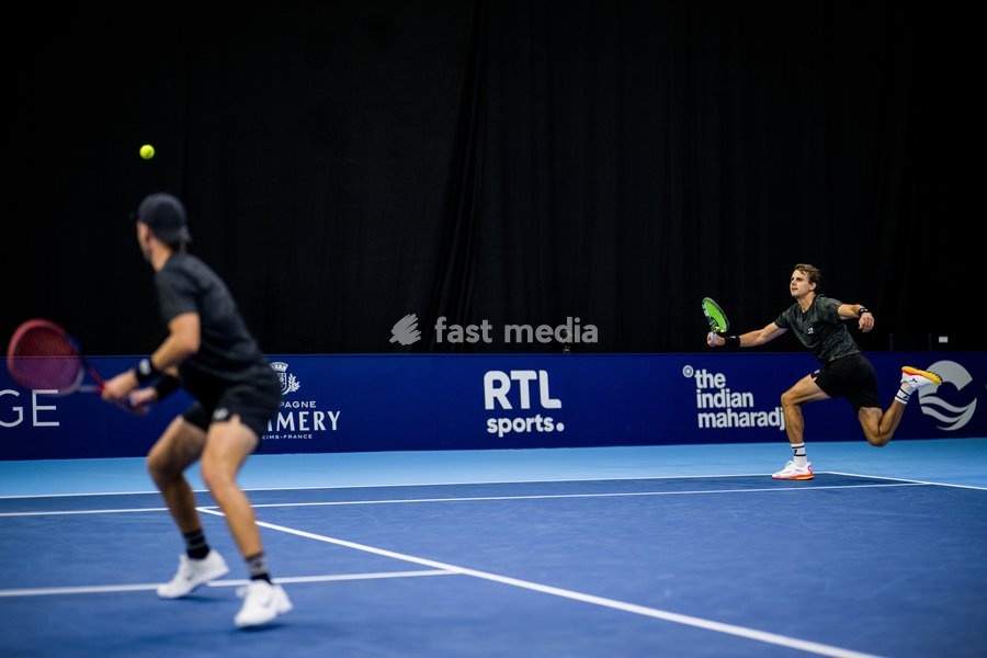 Petr Nouza and Patrik Rikl pictured in action during the European Open ATP tennis tournament in Brussels, on Monday 13 October 2025. This year's edition of the tournament is taking place from 12 to 19 October 2025
