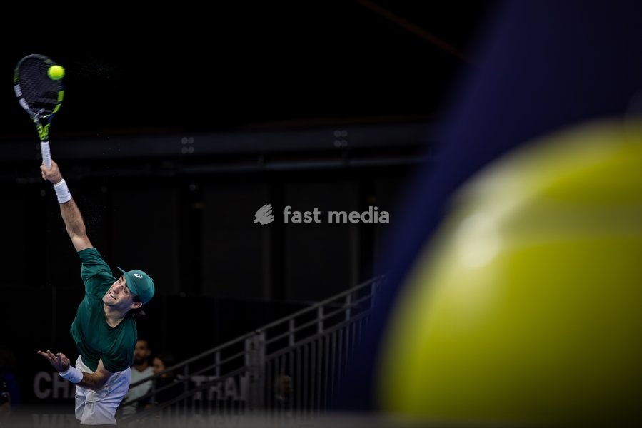 USA's Eliot Spizzirri pictured in action during the European Open ATP tennis tournament in Brussels, on Tuesday 14 October 2025. This year's edition of the tournament is taking place from 12 to 19 October 2025