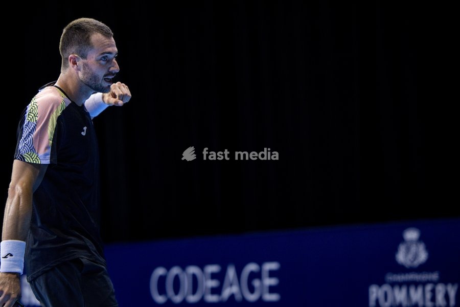 Spanish Pedro Martinez pictured in action during the European Open ATP tennis tournament in Brussels, on Tuesday 14 October 2025. This year's edition of the tournament is taking place from 12 to 19 October 2025