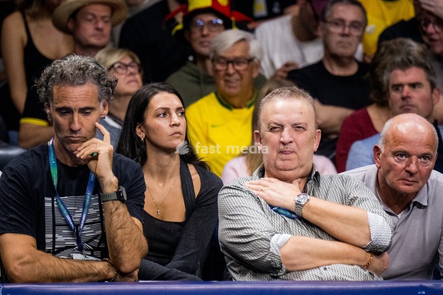 Belgian David Goffin, Jean Demeroutis, Goffin's father Michel Goffin and Goffin's wife Stephanie Tuccitto are seen at the European Open ATP tennis tournament in Brussels, on Tuesday 14 October 2025. This year's edition of the tournament is taking place from 12 to 19 October 2025
