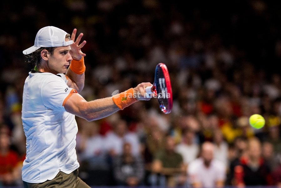 Belgian Zizou Bergs pictured in action during the European Open ATP tennis tournament in Brussels, on Tuesday 14 October 2025. This year's edition of the tournament is taking place from 12 to 19 October 2025