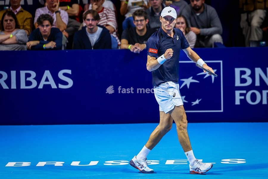 Belgian Raphael Collignon pictured in action during the European Open ATP tennis tournament in Brussels, on Tuesday 14 October 2025. This year's edition of the tournament is taking place from 12 to 19 October 2025