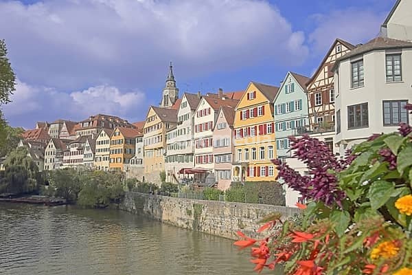 Colourful house front on the Neckar, house facade, Neckar bank, Neckar front, flower decoration, Eberhardsbrücke, Tübingen, Neckartal, Baden-Württemberg, Germany