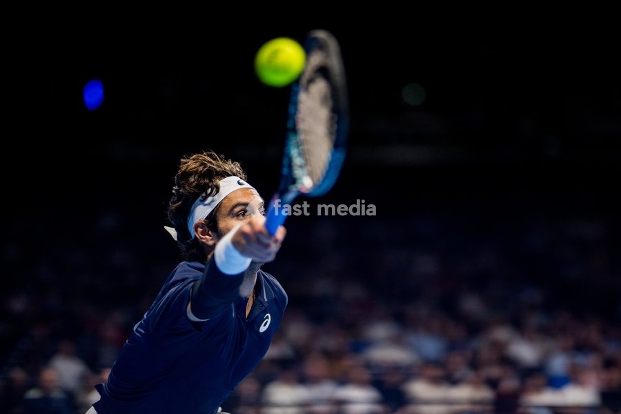 Italian Lorenzo Musetti pictured in action during the European Open ATP tennis tournament in Brussels, on Friday 17 October 2025. This year's edition of the tournament is taking place from 12 to 19 October 2025