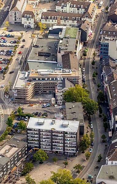 Aerial view, construction site shopping centre Basildonplatz, Heiligenhaus, Ruhr area, North Rhine-Westphalia, Germany, construction work, building, construction area, building site, building plots, construction project, construction site, DE, shopping, shopping markets, shopping square, shopping…