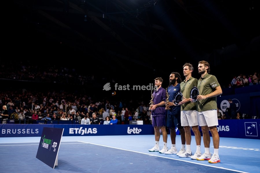 US' Christian Harrison, US Evan King, French Edouard Roger-Vasselin and Monaco's Hugo Nys pictured after the European Open ATP tennis tournament in Brussels, on Sunday 19 October 2025. This year's edition of the tournament is taking place from 12 to 19 October 2025
