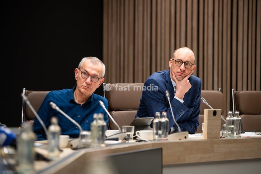 Vice-prime minister and minister and minister of Public Health and Social Affairs Frank Vandenbroucke and Vice-prime minister and Budget Minister Vincent Van Peteghem pictured at a press conference to announce an agreemnet on the budget after a long 'Kern' meeting gathering selected Ministers of…