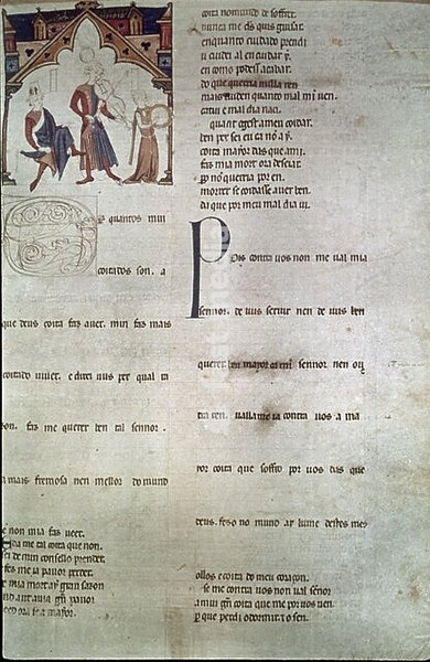 ESCENA DE MUSICA Y DANZA EN EL CANCIONERO D'AJUDA - TROVADOR CON VIHUELA DE ARCO - PERGAMINO FECHADO ALREDEDOR DE 1280