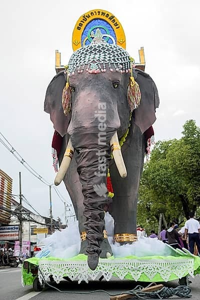 Statue of elephant on chassis at The Street Parade, the Yee Peng & Loi Krathong Festivals, Chiang Mai, Thailand