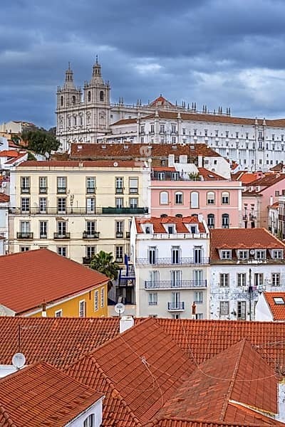 View over rooftops, flats and the Church and Monastery of São Vicente de Fora in Alfama, oldest neighborhood in the city Lisbon, Lisboa, Portugal