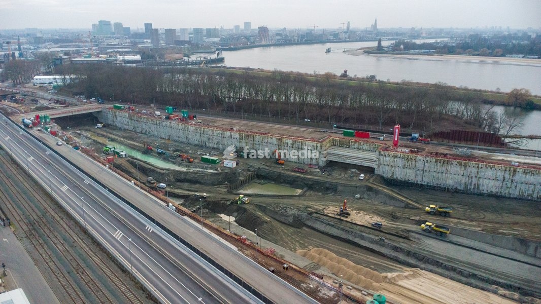 Drone image taken during a press briefing on the Oosterweel works and a visit to the Oosterweel junction construction site, Thursday 05 February 2026 in Antwerp. In 2026 the last missing links (the Oosterweel junction and the Canal Tunnels) will complete the Antwerp ring road on the north side of…