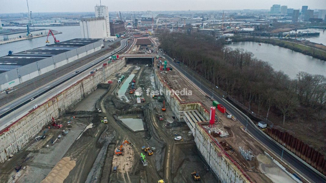 Drone image taken during a press briefing on the Oosterweel works and a visit to the Oosterweel junction construction site, Thursday 05 February 2026 in Antwerp. In 2026 the last missing links (the Oosterweel junction and the Canal Tunnels) will complete the Antwerp ring road on the north side of…