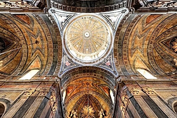 Basilica da Estrela consecrated in 1790, tomb of Queen Maria I, Lisbon, Lisboa, Portugal, impressive dome with frescoes and warm light, characterized by symmetry and Renaissance style, Lisbon, Portugal