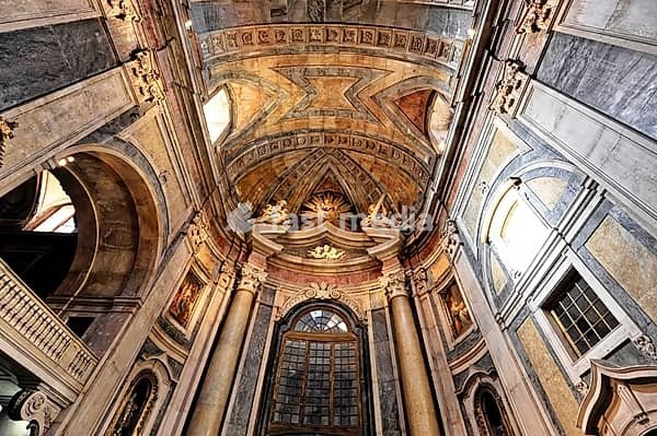 Basilica da Estrela consecrated in 1790, burial place of Queen Maria I, Lisbon, Lisbon, Portugal, sublime church architecture with richly decorated columns and radiant frescoes in warm light, Lisbon, Portugal