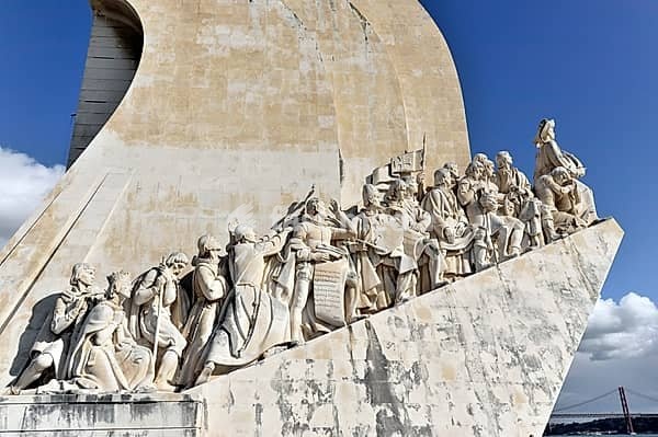 Monument of Discoveries, Padrao dos Descobrimentos, monument with important figures of Portuguese seafaring on the banks of the Tagus River, Belem, Lisbon, Portugal, large monument with figures of historical explorers carved in stone, Lisbon, Portugal