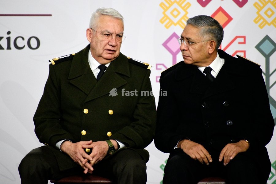 Minister of Mexican National Defense, Ricardo Trevilla Trejo, and Minister of the Mexico's Navy, Raymundo Morales Angeles during a briefing conference on the monthly security report at National Palace. on February 10, 2026 in Mexico City, Mexico