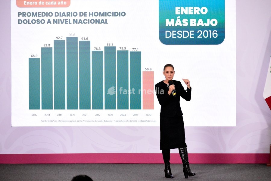 Mexico’s President Claudia Sheinbaum Pardo, speaks during a briefing conference on the monthly security report at National Palace. on February 10, 2026 in Mexico City, Mexico