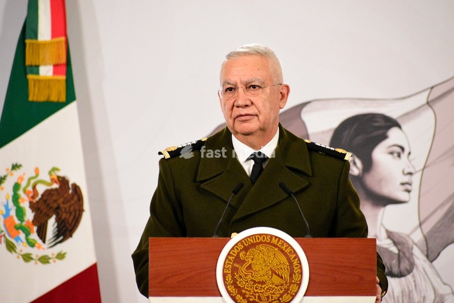 Minister of Mexican National Defense, Ricardo Trevilla Trejo, speaks during a briefing conference on the monthly security report at National Palace. on February 10, 2026 in Mexico City, Mexico