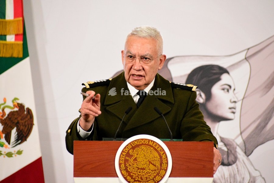 Minister of Mexican National Defense, Ricardo Trevilla Trejo, speaks during a briefing conference on the monthly security report at National Palace. on February 10, 2026 in Mexico City, Mexico