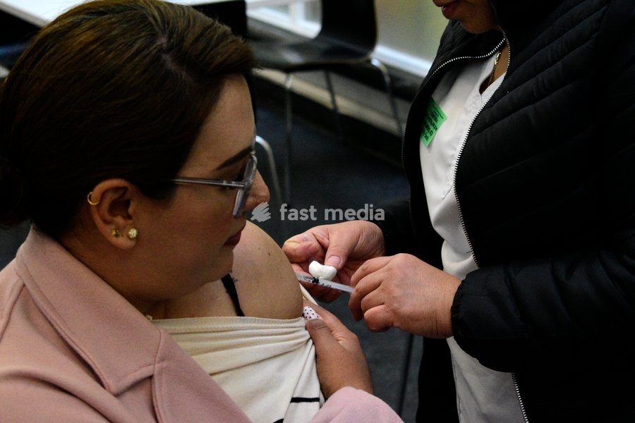 A woman receives a dose of vaccine against measles as part of vaccination campaign agains the virus following the recent surge in cases in the country the Mexican Senate. February 10, 2026 in Mexico City, Mexico