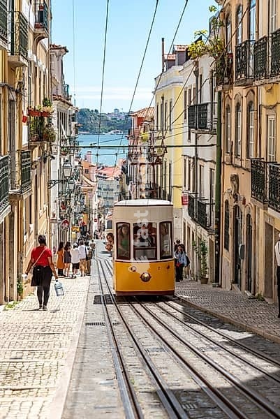 Lisboa, Portugal - June 04, 2024 - Historical Ascensor da Bica in old town Lisboa, Portugal, Tajo river in the background