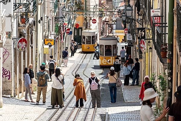 Lisboa, Portugal - June 04, 2024 - Iconic historic Ascensor da Bica in old town Lisboa, Portugal, Tajo river in the background