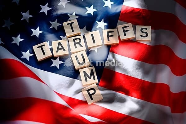Letters on the US flag and Trump portrait form the words Trump and Tariffs, Trump Tariffs, Photo Montage +++ Editorial use only