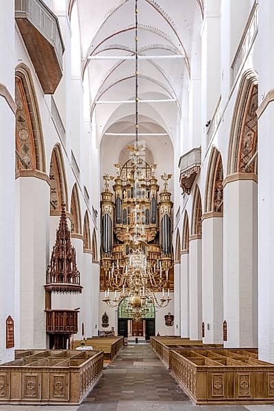 Interior of the Gothic St. Mary's Church with pulpit and organ, Hanseatic City of Stralsund, Mecklenburg-Western Pomerania, Germany