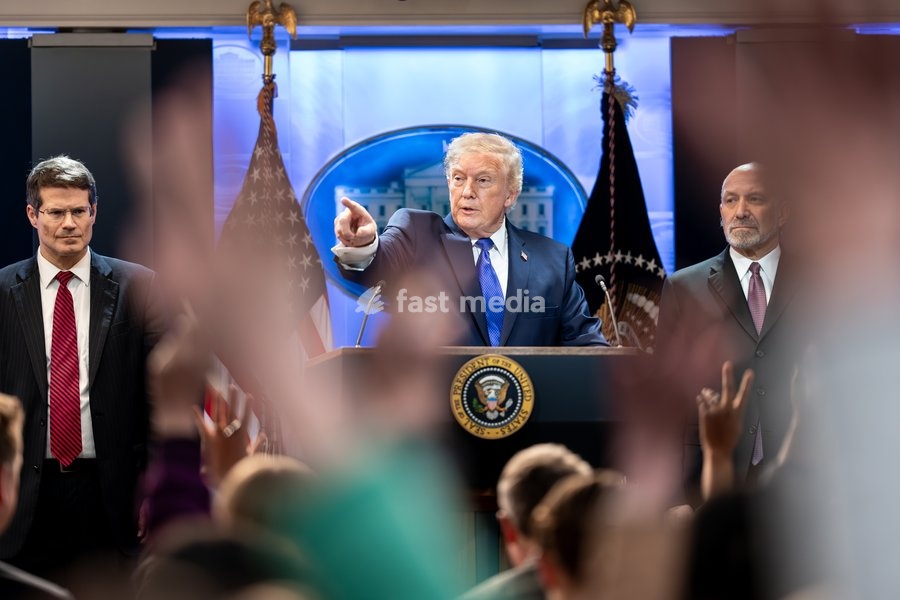 President Donald Trump delivers remarks on the Supreme Court ruling on tariffs in the James S. Brady Press Briefing Room of the White House, Friday, February, 20, 2026