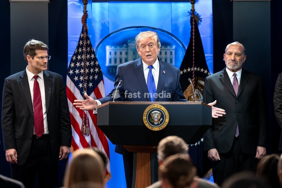President Donald Trump delivers remarks on the Supreme Court ruling on tariffs in the James S. Brady Press Briefing Room of the White House, Friday, February, 20, 2026